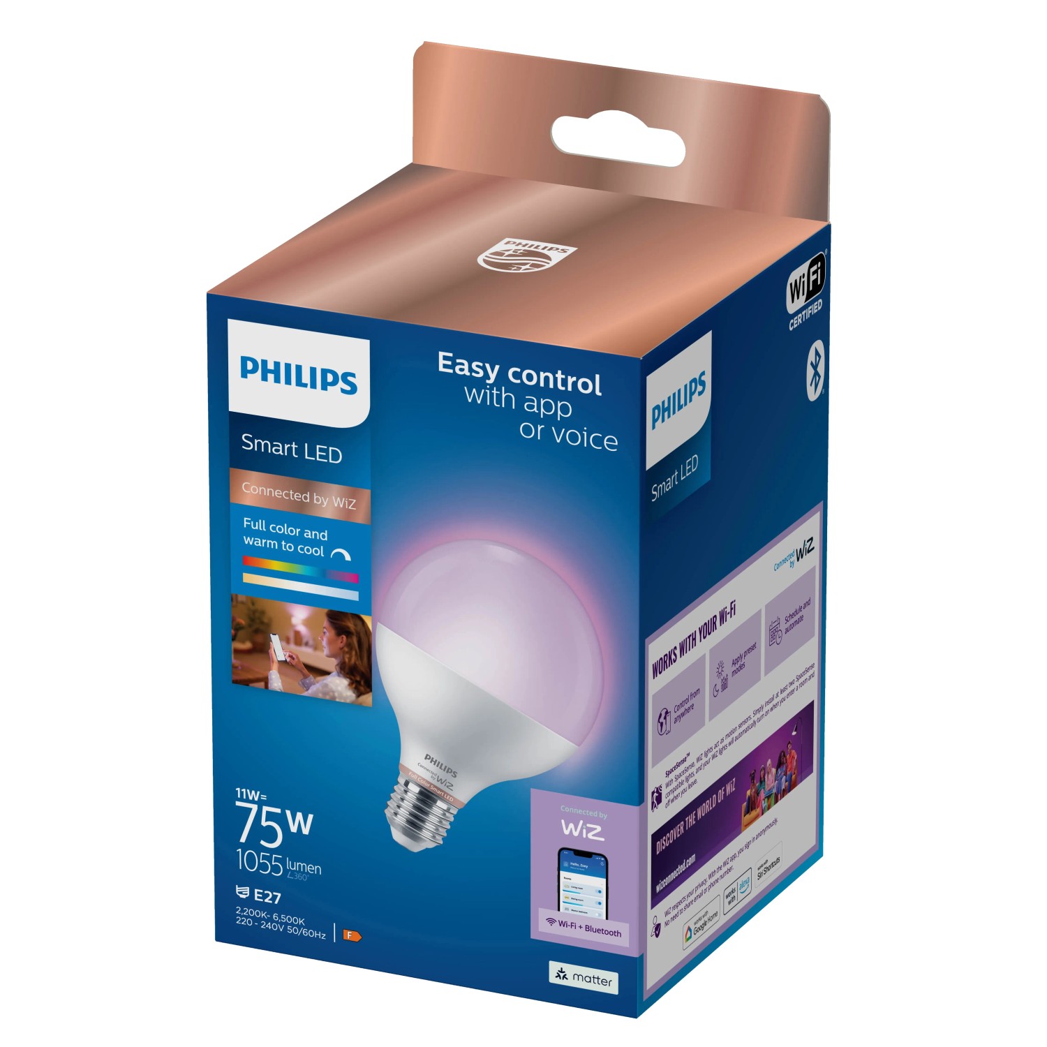 Philips Smart LED-Lampe E27 Globe, 75W, dimmbar, mit Farbwechsel, in Verpackung.
