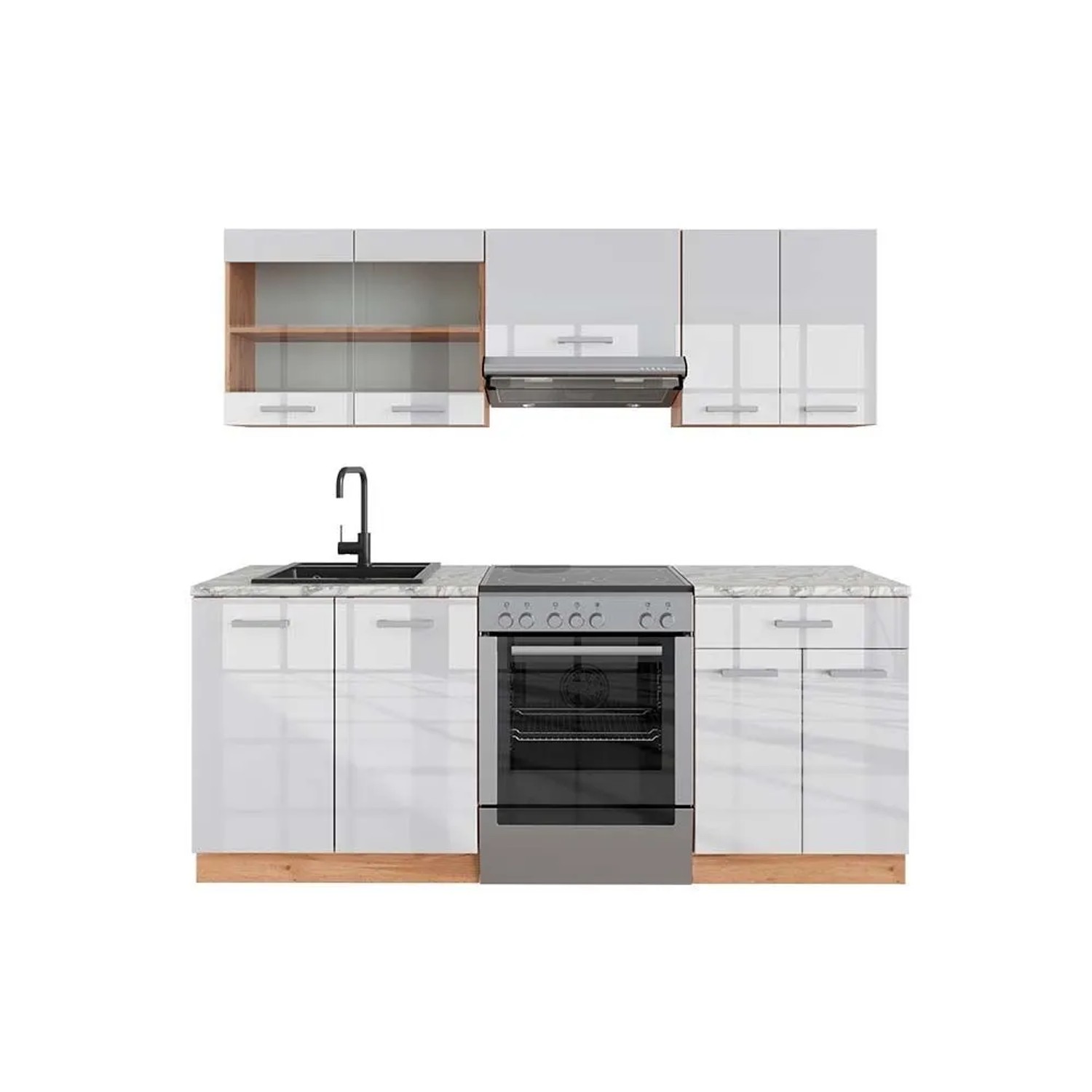 Vicco R-Line Küchenzeile Weiß Hochglanz Goldkraft Eiche 200 cm AP Marmor ohne E-Geräte