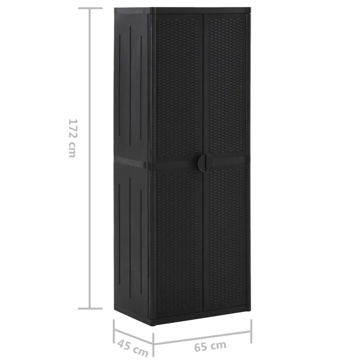 Schwarzer vidaXL Gartenschrank (65x45x172 cm) aus PP Rattan mit zwei Türen und Griff.