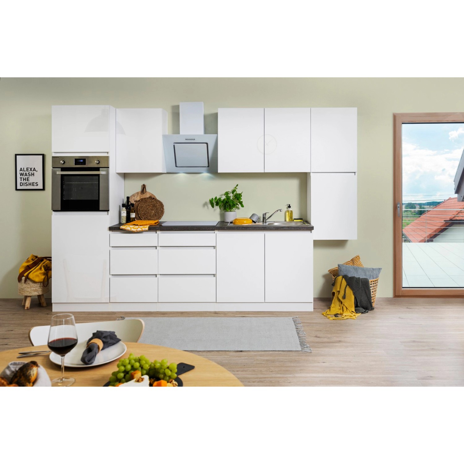 Respekta Küchenzeile/Küchenblock ohne E-Geräte 320 cm Grifflos Weiß Hochglanz
