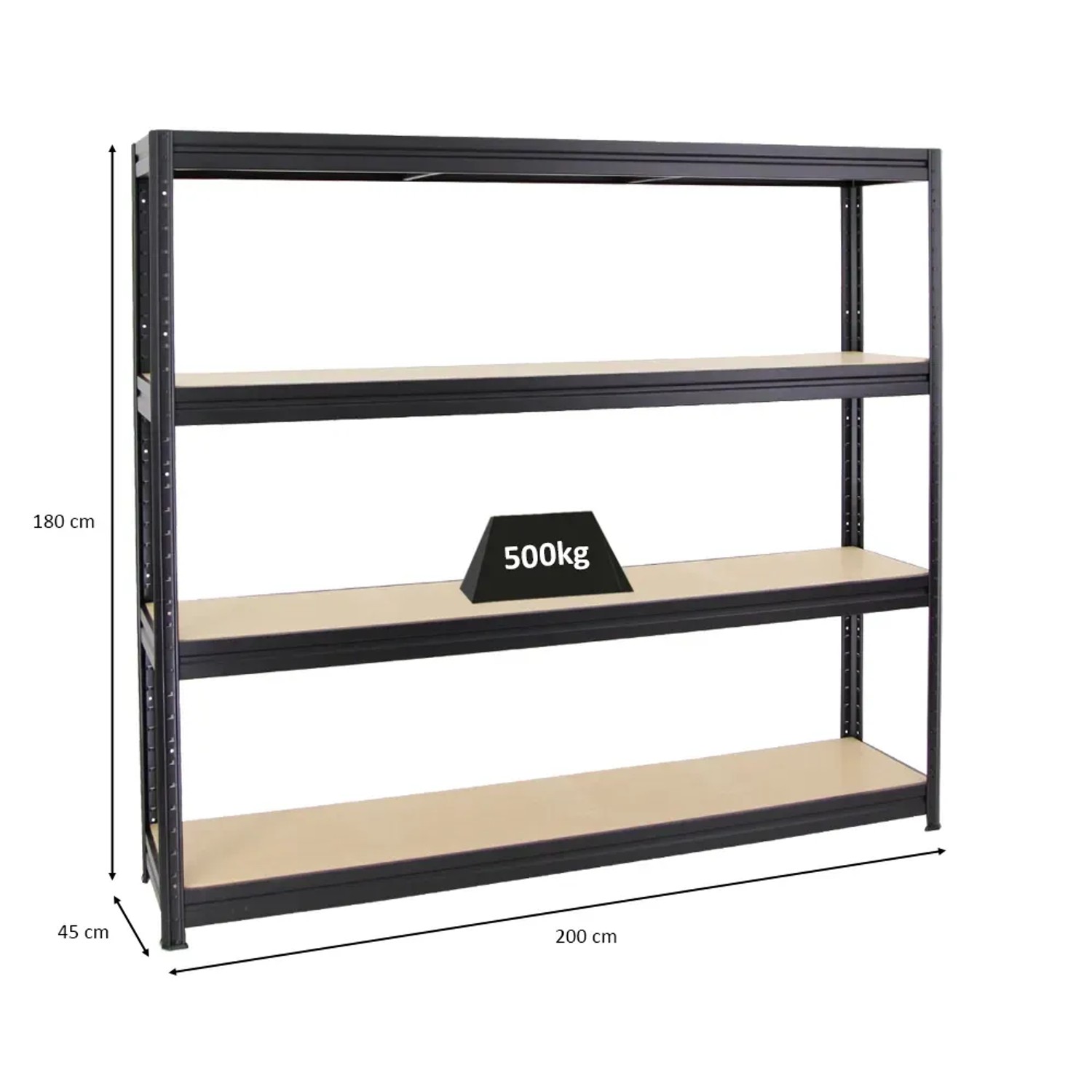 Schwarzes PROREGAL Schwerlastregal Dino, 180x200x45 cm, mit vier MDF-Fachböden und Maßangaben.