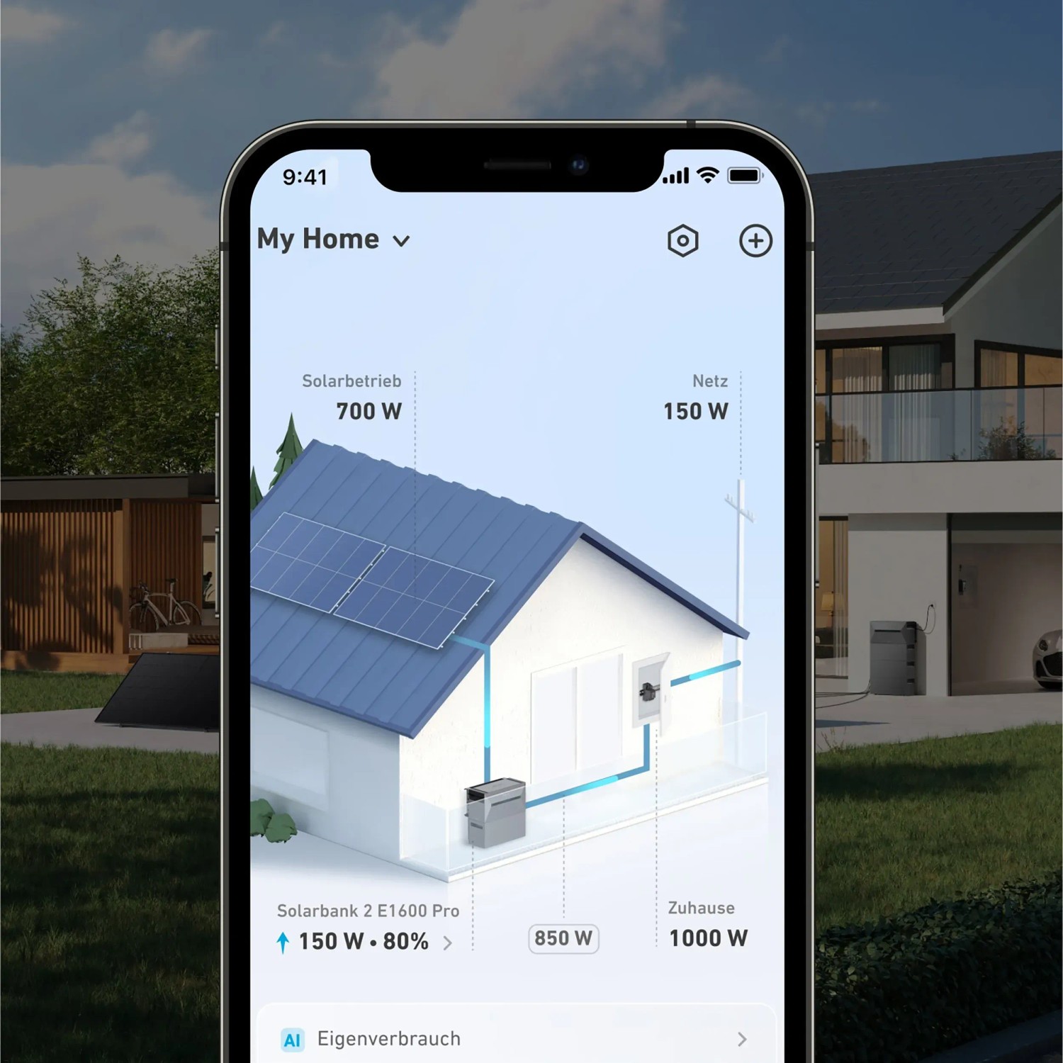 Anker Solix Smarter Zähler App-Ansicht: Solarbank 2 Energiemonitoring mit Haus-Visualisierung.