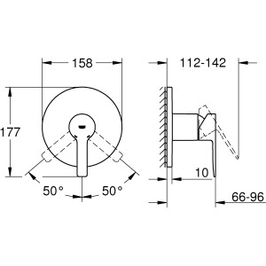 Technische Zeichnung: Grohe Lineare Einhand-Brausebatterie in Chrom, Maße und Winkelangaben.