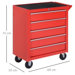 Roter DURHAND Werkstattwagen aus Stahl mit 5 Schubladen und Rollen, 69x33x75cm.