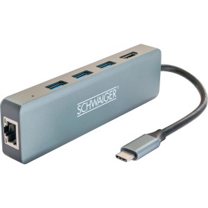 Schwaiger USB 3.0 Hub: Kleiner, grauer Datenhub mit USB-C Anschluss und Netzwerkanschluss.
