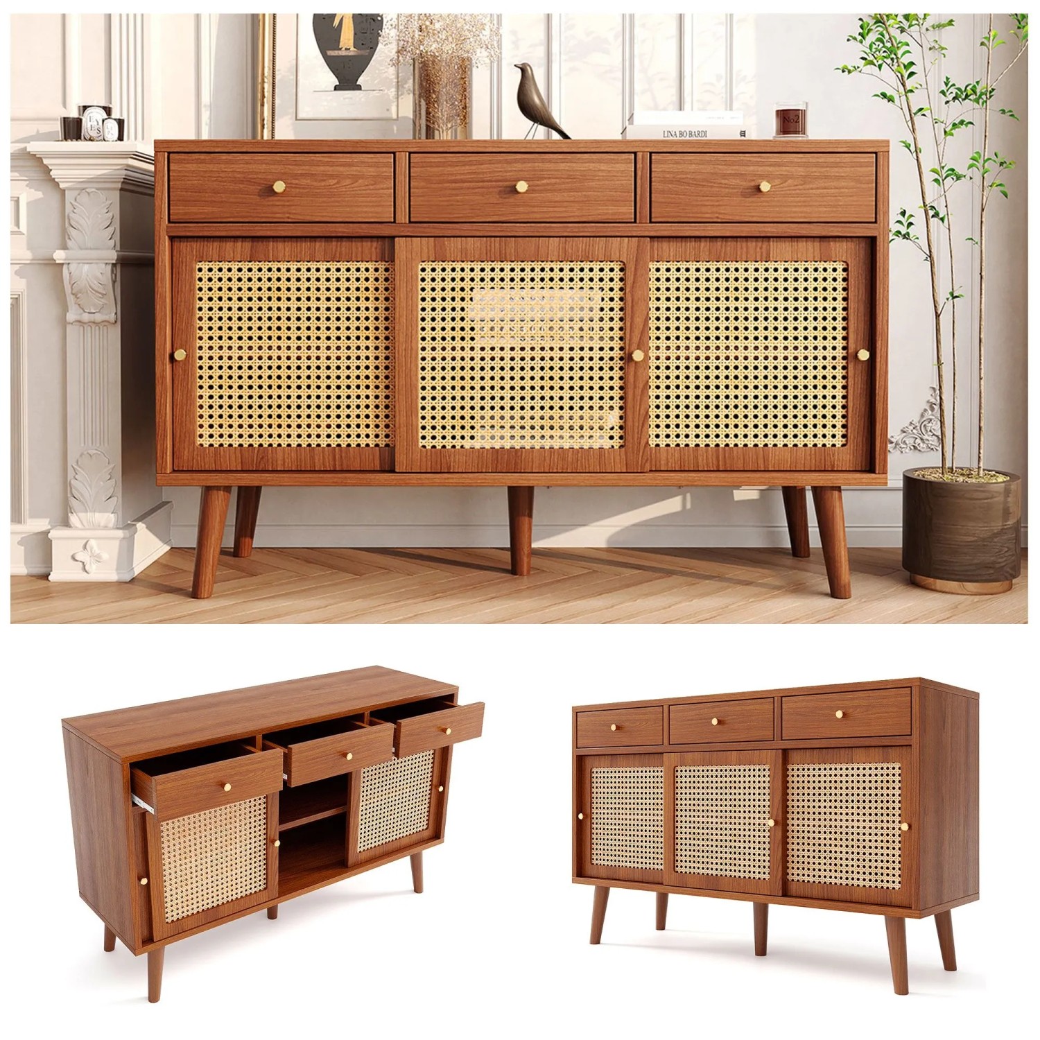 Merax Sideboard 120x40x78 cm Nussbaum Rattan 3 Schubladen 3 Schiebetüren_8