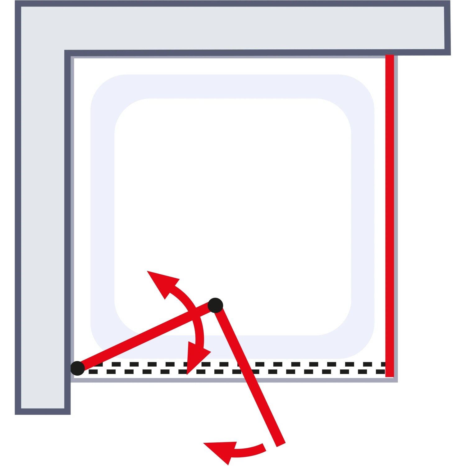 Illustration der Schulte ExpressPlus Drehfalttür mit Seitenwand, die Drehfunktion wird durch rote Pfeile dargestellt.