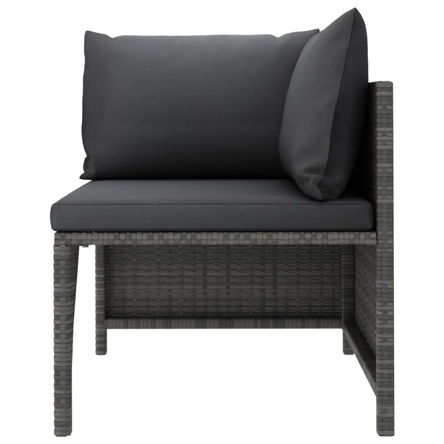 Graues vidaXL Garten-Lounge-Eckteil aus Rattan mit anthrazitfarbenen Kissen.