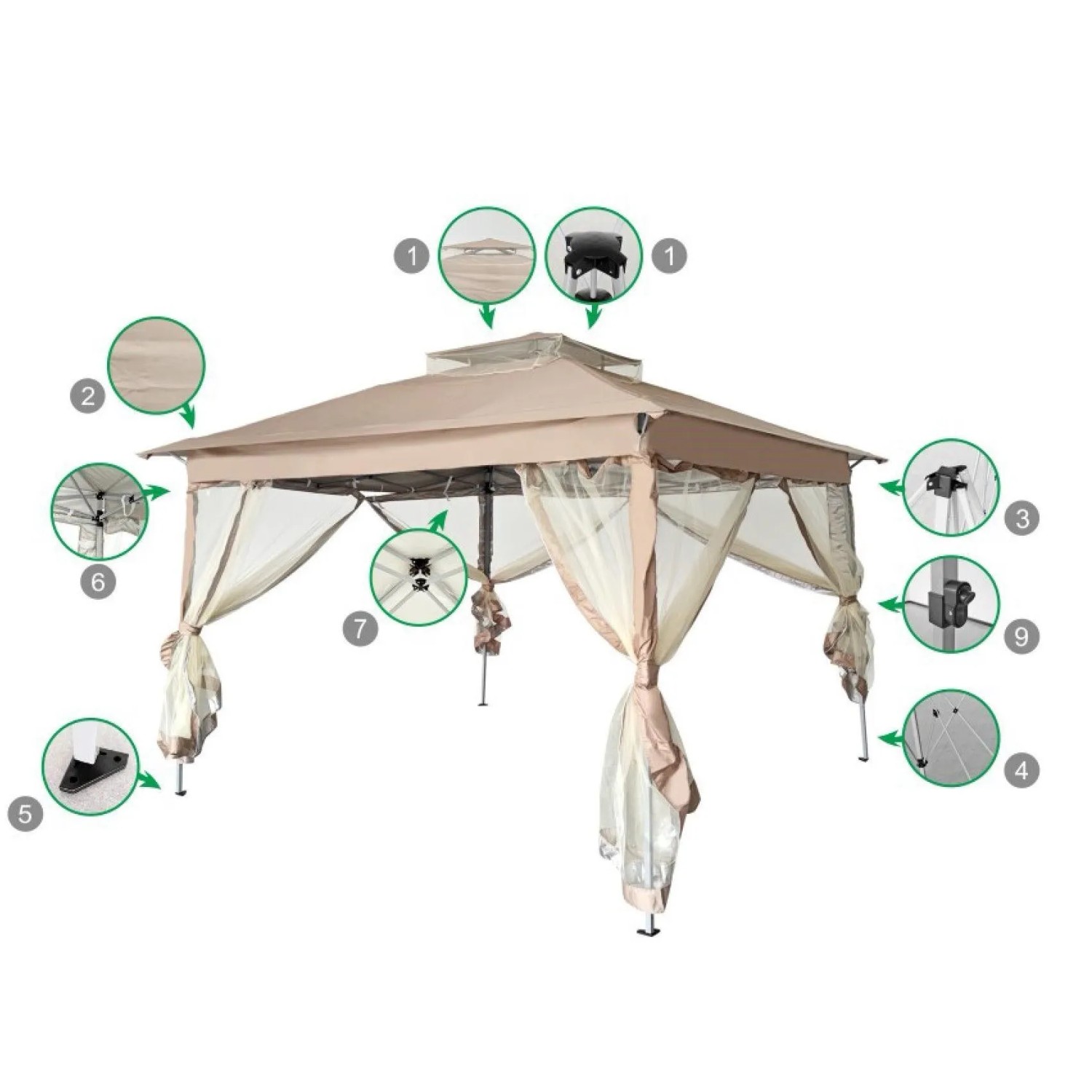 Jet-Line Faltpavillon Kleopatra in Hellgrau/Beige mit Moskitonetz und Tragetasche.