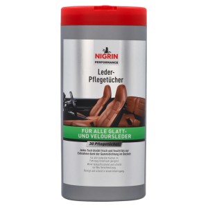 Nigrin Leder-Pflegetücher, 30 Stück im grauen Behälter mit rotem Deckel. Für Autopflege.