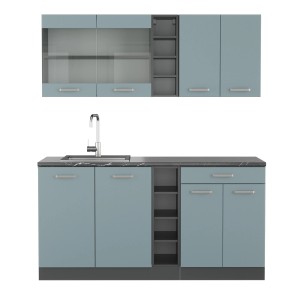 Vicco R-Line Single Küche, 160 cm, blau-graue Fronten, anthrazitfarbener Korpus, ohne Arbeitsplatte.