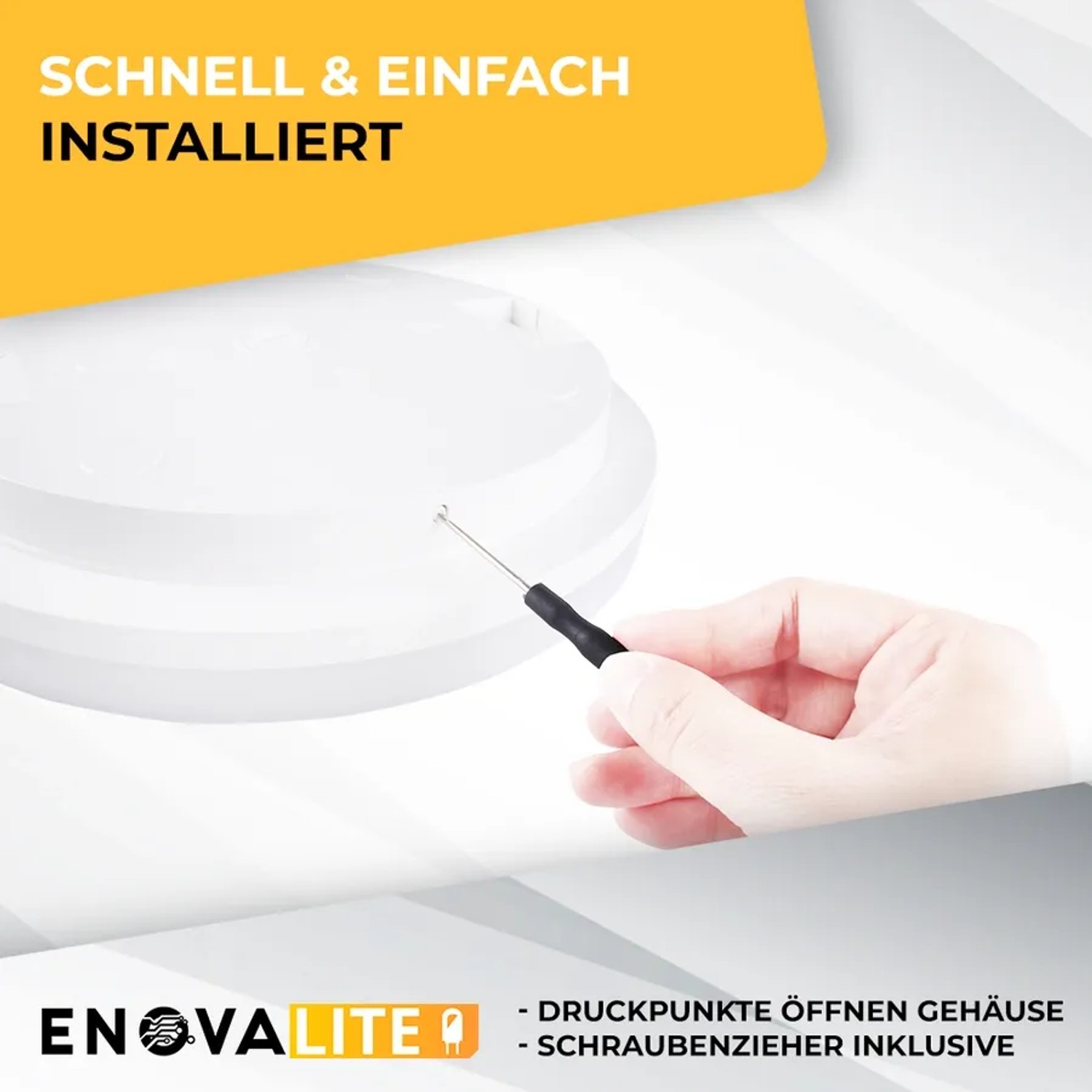 Montage der runden, weißen ENOVALITE LED Deckenleuchte mit Schraubendreher. Badleuchte für Feuchträume.