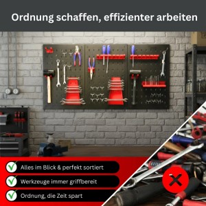 PROREGAL Werkzeug Lochwand Set aus Metall, schwarz, mit roten Haltern. Organisierte Werkstattwand für Werkzeuge & Zubehör.