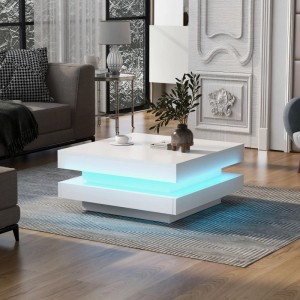 Weißer okwish Couchtisch, quadratisch 70x70 cm, mit drehbarer Platte und blauer LED-Beleuchtung im modernen Wohnzimmer.