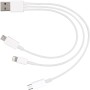 Weißes USB Universalkabel mit USB-A, USB-C, Micro-USB und Lightning-Stecker, 15 cm kurz.