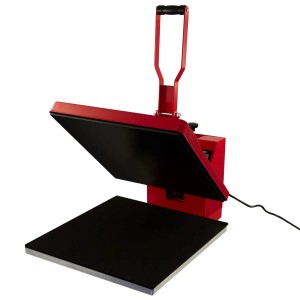 Rote PixMax Transferpresse 50x50 cm mit Teflonmatte und Sublimationspapier für kreatives Gestalten.