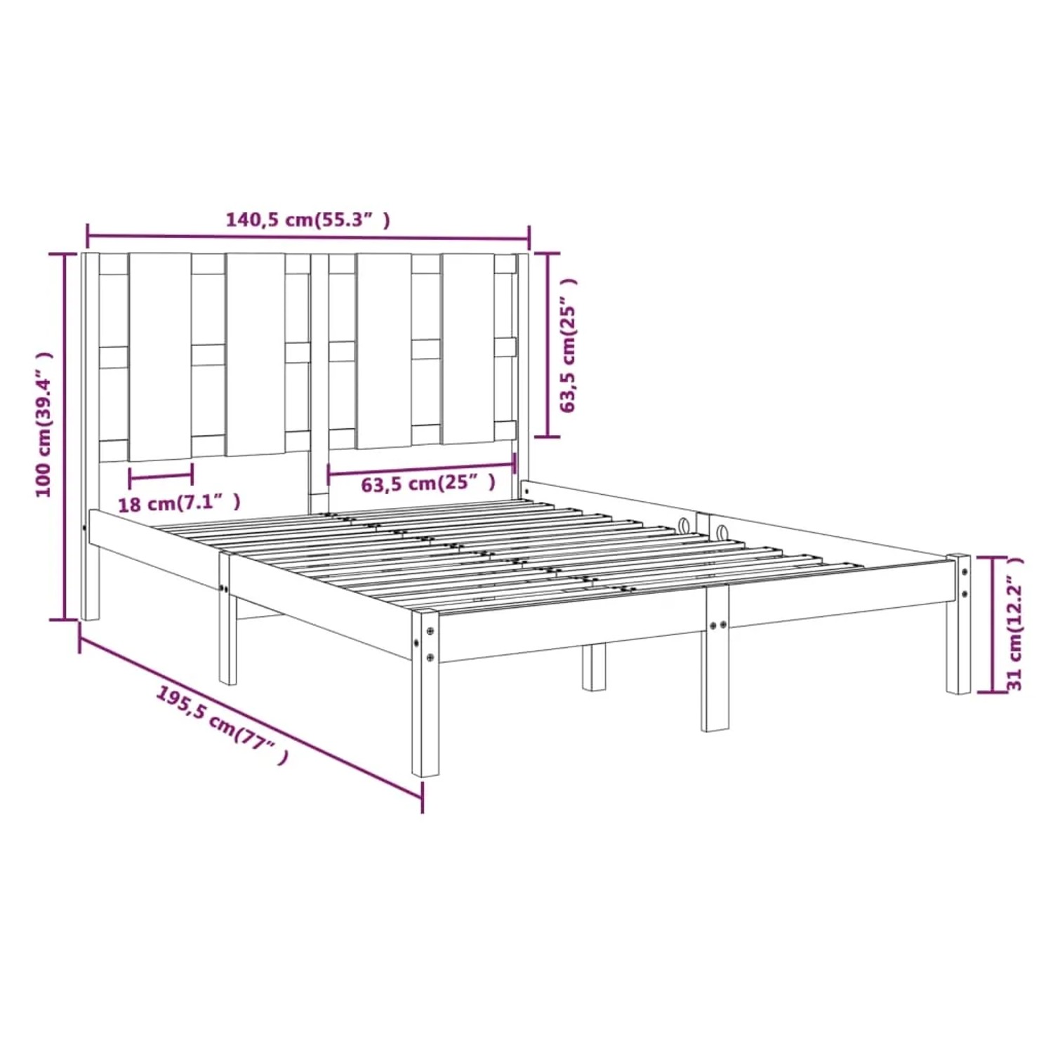 vidaXL Holzbett, 135x190 cm, Kiefer massiv, Lattenrost, Bettrahmen für Doppelbett