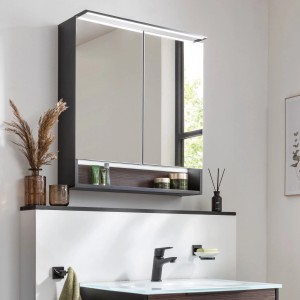 Fackelmann LED-Spiegelschrank B.Paris, 70cm, schwarz matt/Eiche, mit Beleuchtung und USB-Anschluss.