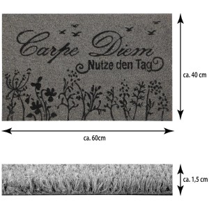 Graue Bestlivings Kokos Fußmatte 40x60 cm mit "Carpe Diem" Schriftzug und Blumenmuster.