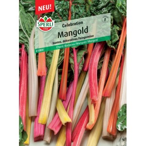 Samenpackung Sperli Mangold Celebration mit bunten Mangoldstielen in Gelb, Rot und Weiß.