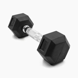 Schwarze Suprfit Hex Gummi-Kurzhantel 3 kg mit gerändeltem Griff für Krafttraining und Fitness.