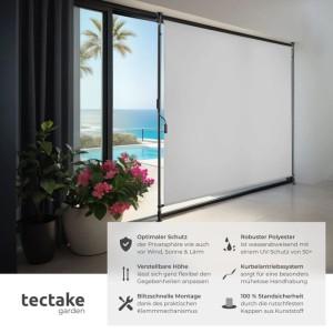 Hellgraue Tectake Klemmmarkise 150x310 cm als Sonnen- und Sichtschutz für Balkon oder Terrasse.