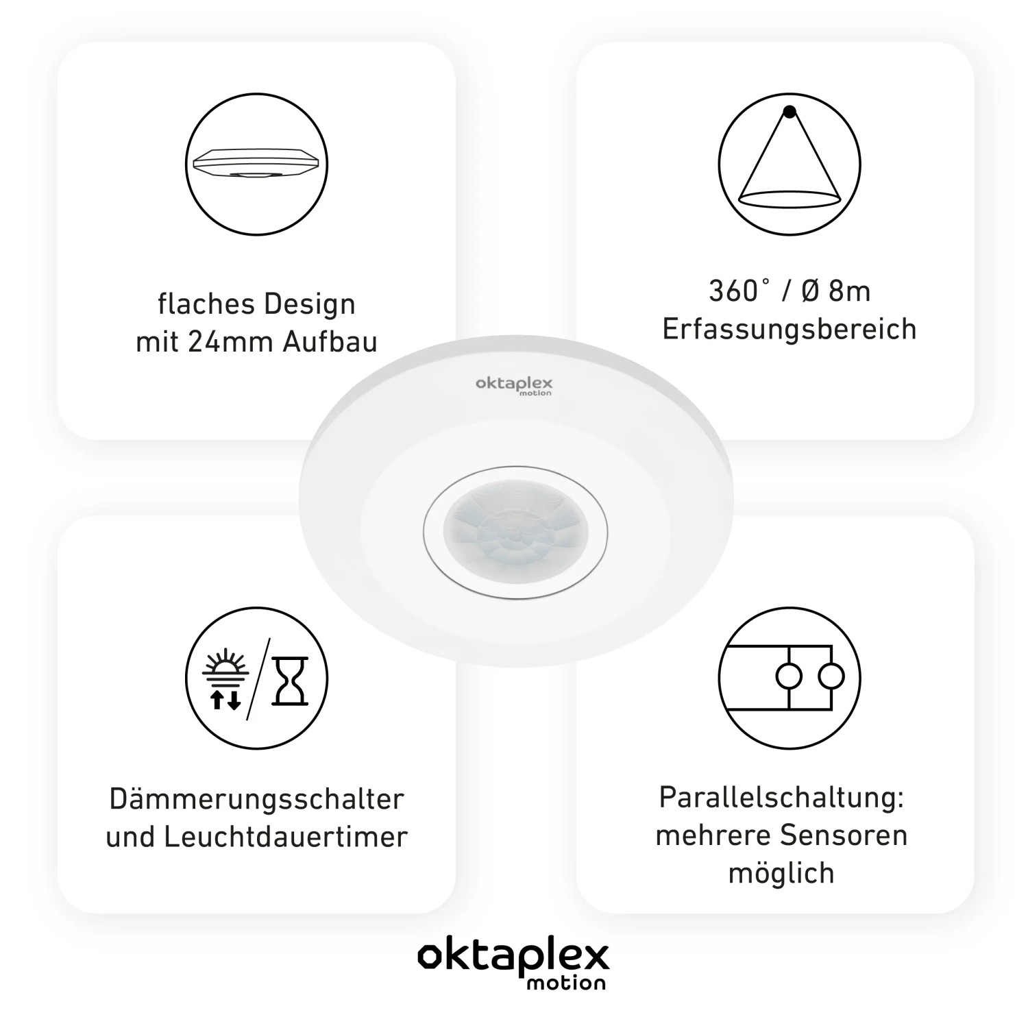 Oktaplex Ina Bewegungsmelder, 360° Erfassung, flaches Design, weiße Innenleuchte.