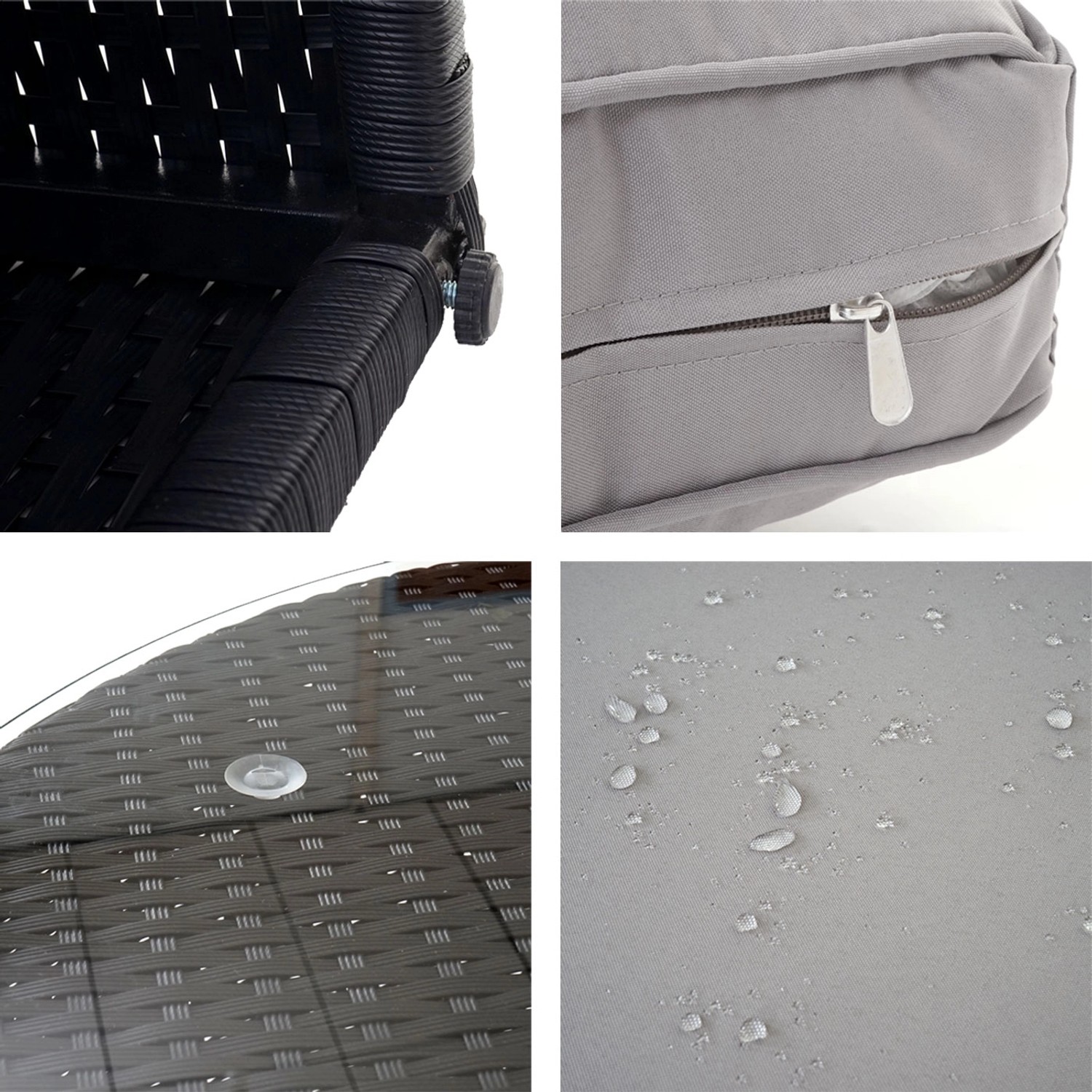 Details der anthrazitfarbenen Poly-Rattan Lounge-Garnitur Savoie mit grauen Kissen: Geflecht, Kissenreißverschluss, Tischplatte, wasserabweisender Bezug.