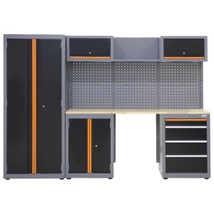 TRUTZHOLM Werkstattwand, 13-teiliges Werkstattschranksystem aus Stahl in Orange, Grau und Schwarz.