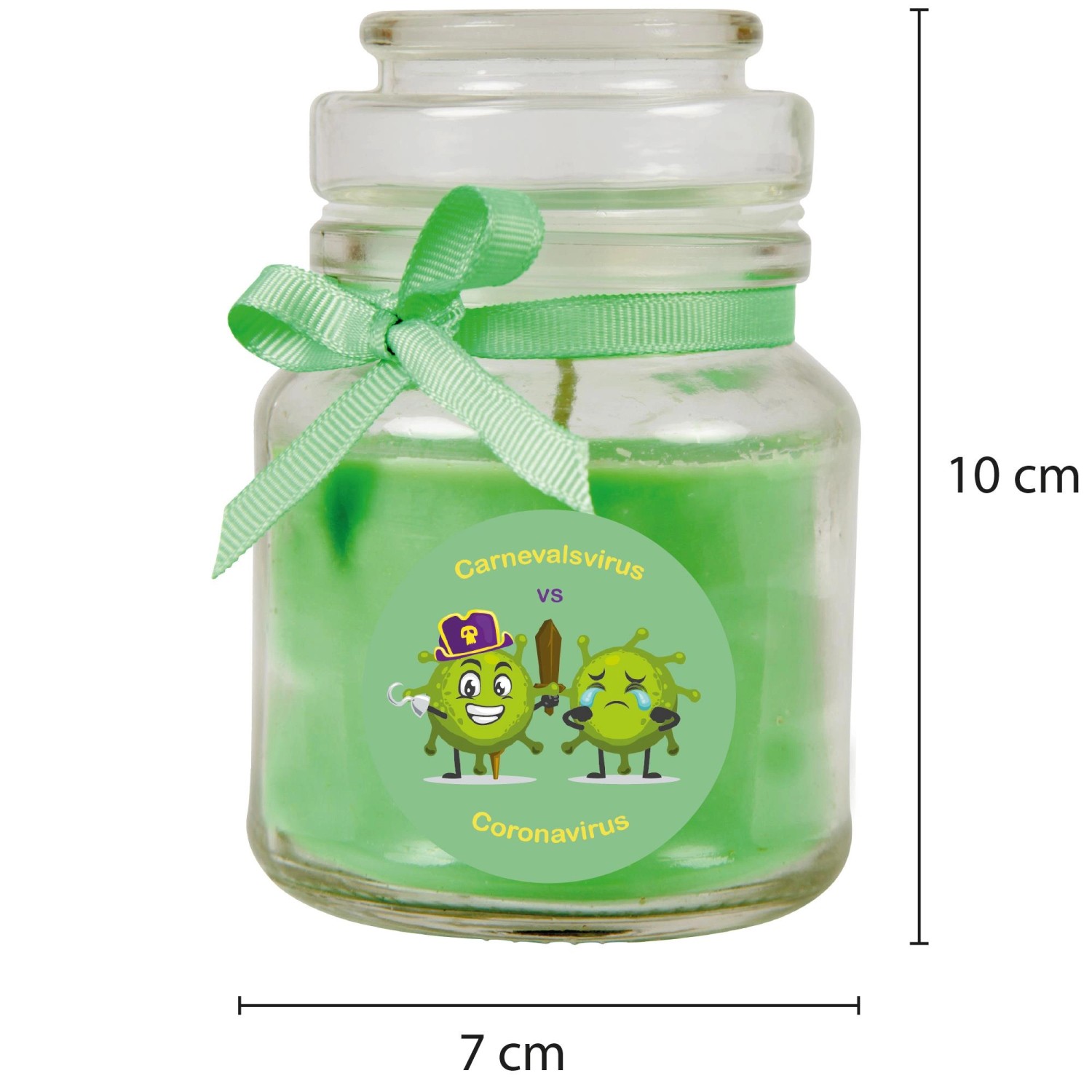 Grüne HS Candle Duftkerze Karneval im Glas, Motiv Coronavirus vs. Carnevalsvirus, 30h Brenndauer.