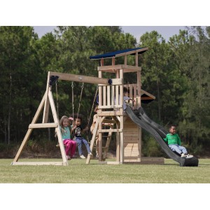 Axi Spielturm Malik mit Doppelschaukel, Rutsche und spielenden Kindern im Garten.