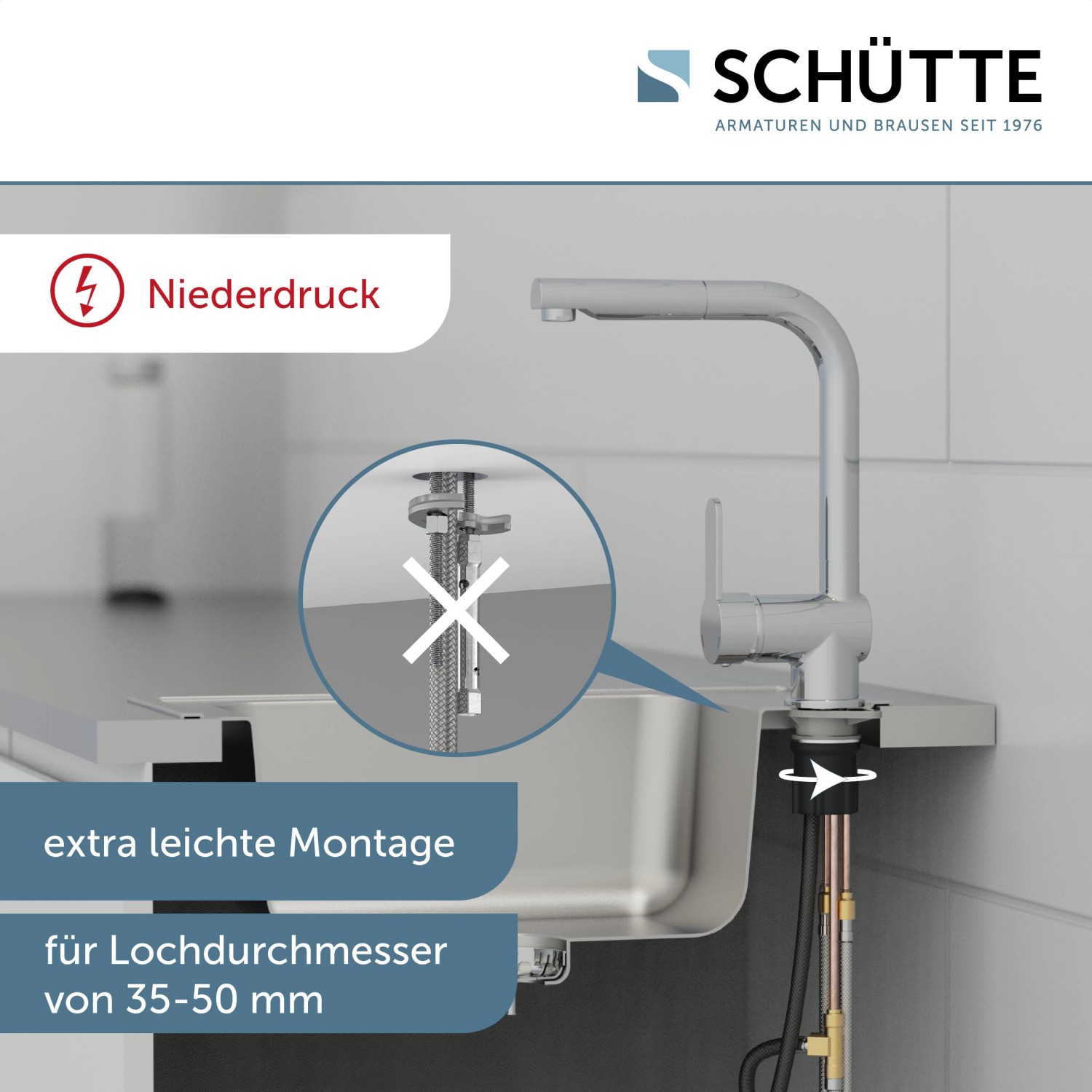 Schütte Niederdruck Spültischarmatur London Chrom mit Montagehinweis.