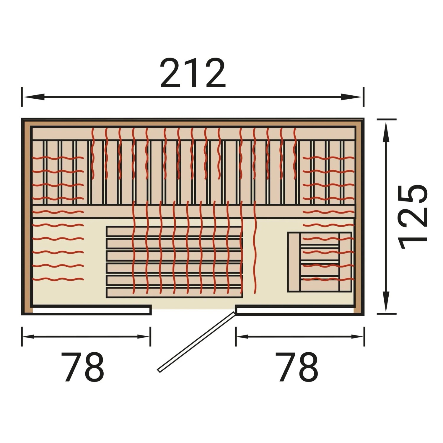 Skizze der Weka Infrarotkabine Osby 2 mit Maßen. Ideal für die Planung Ihrer neuen Infrarotkabine.