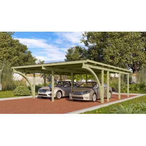 Karibu Doppelcarport Eco aus Holz mit zwei geparkten Autos.