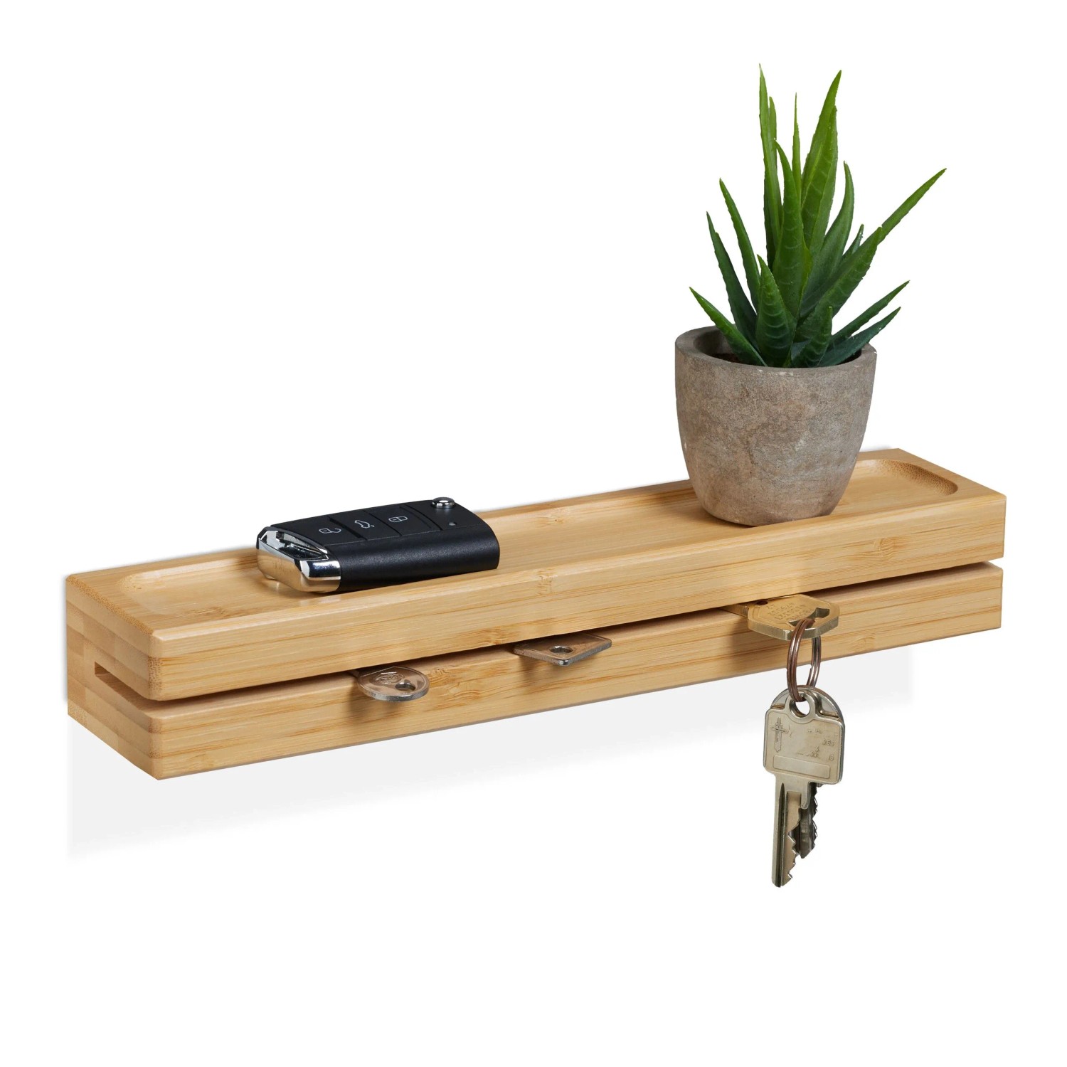 Relaxdays Schlüsselbrett Bambus Natur mit Ablage 4,5 cm x 29,5 cm x 6 cm 0,48 kg