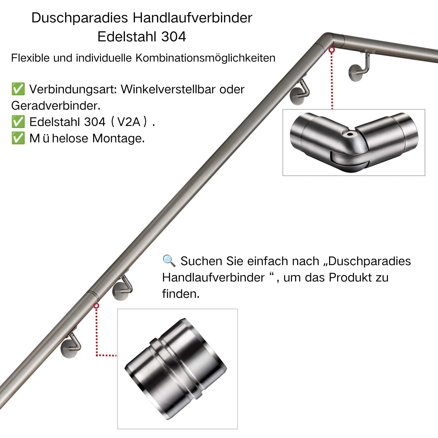 Edelstahl Handlauf mit flexiblen Verbindern für individuelle Anpassung und einfache Montage.