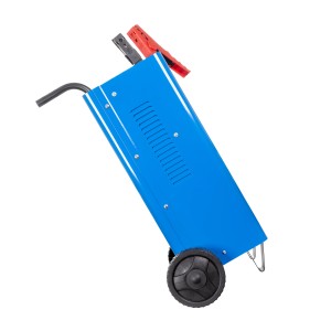 Blaues Güde Batterieladegerät V 421 C mit Rädern und Ladeklemmen.