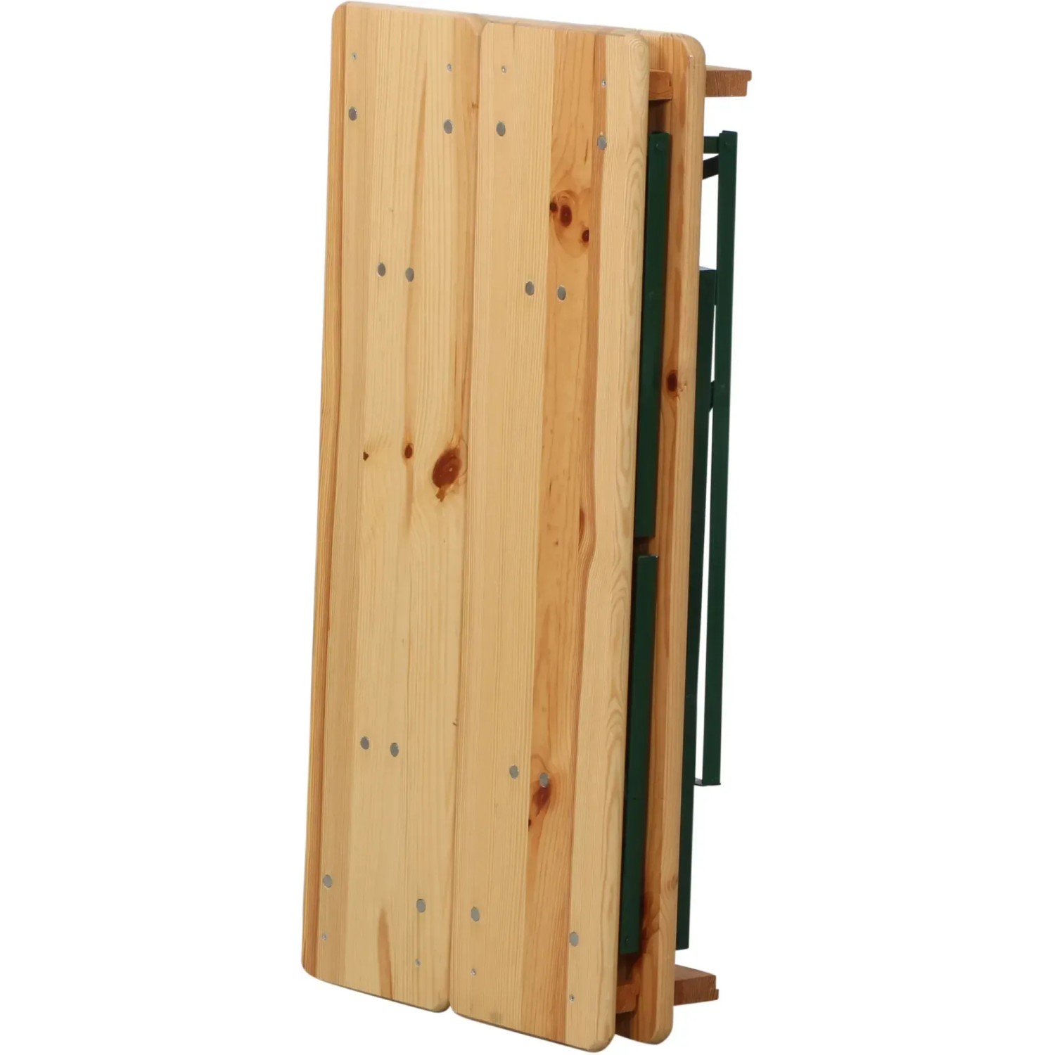 Zusammengeklappte, beige Fun Star Festzeltgarnitur (3-teilig) aus Kiefernholz und grünem Stahlgestell.