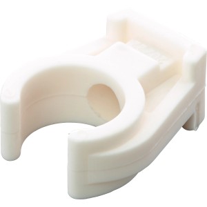 Weißer Rohrclip Ø 22 mm aus Kunststoff mit Gewindehülse, geeignet zur Rohrbefestigung. 10er Pack.