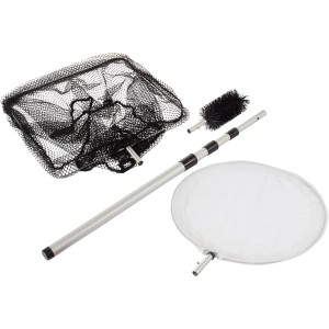 Teichreiniger-Set 3 in 1 mit Kescher, Oberflächenreiniger, Bürste und Teleskopstiel für die Teichpflege.