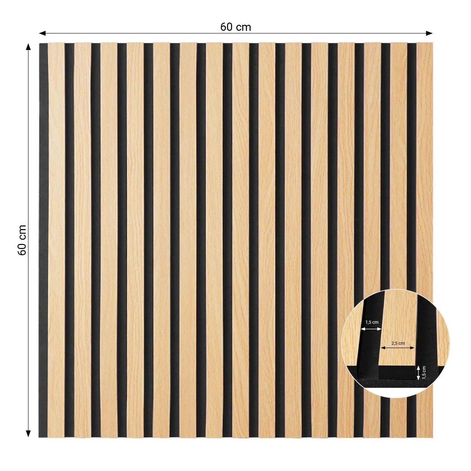 Homestyle4u Akustikpaneel 60x60 cm mit naturfarbenen Holzlamellen auf schwarzem Filz für Wand & Decke, schallabsorbierend.