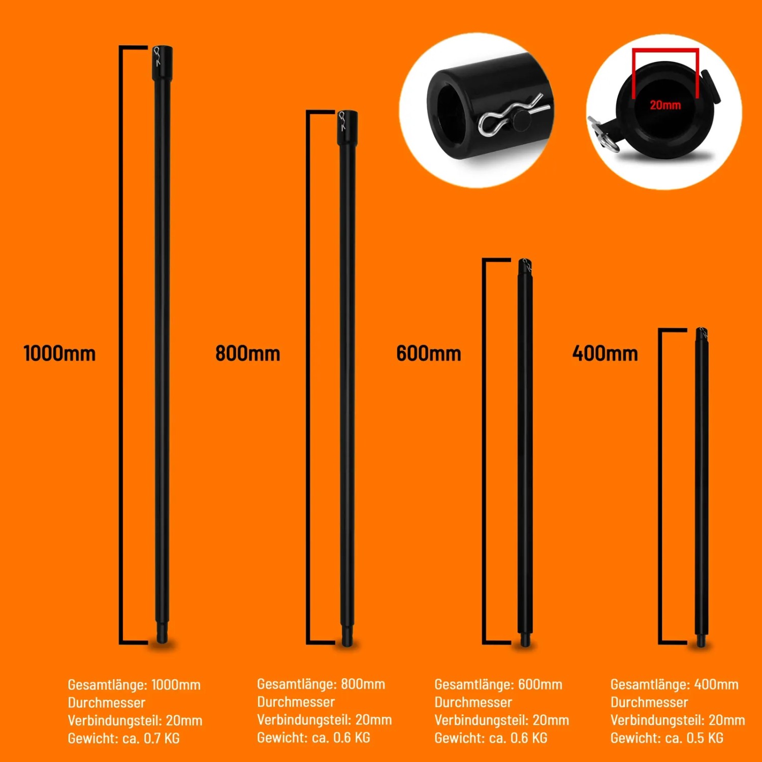 EBERTH Erdbohrer Verlängerung Set, 4-teilig: 400, 600, 800, 1000 mm, Stahl, für Baumaschinen.