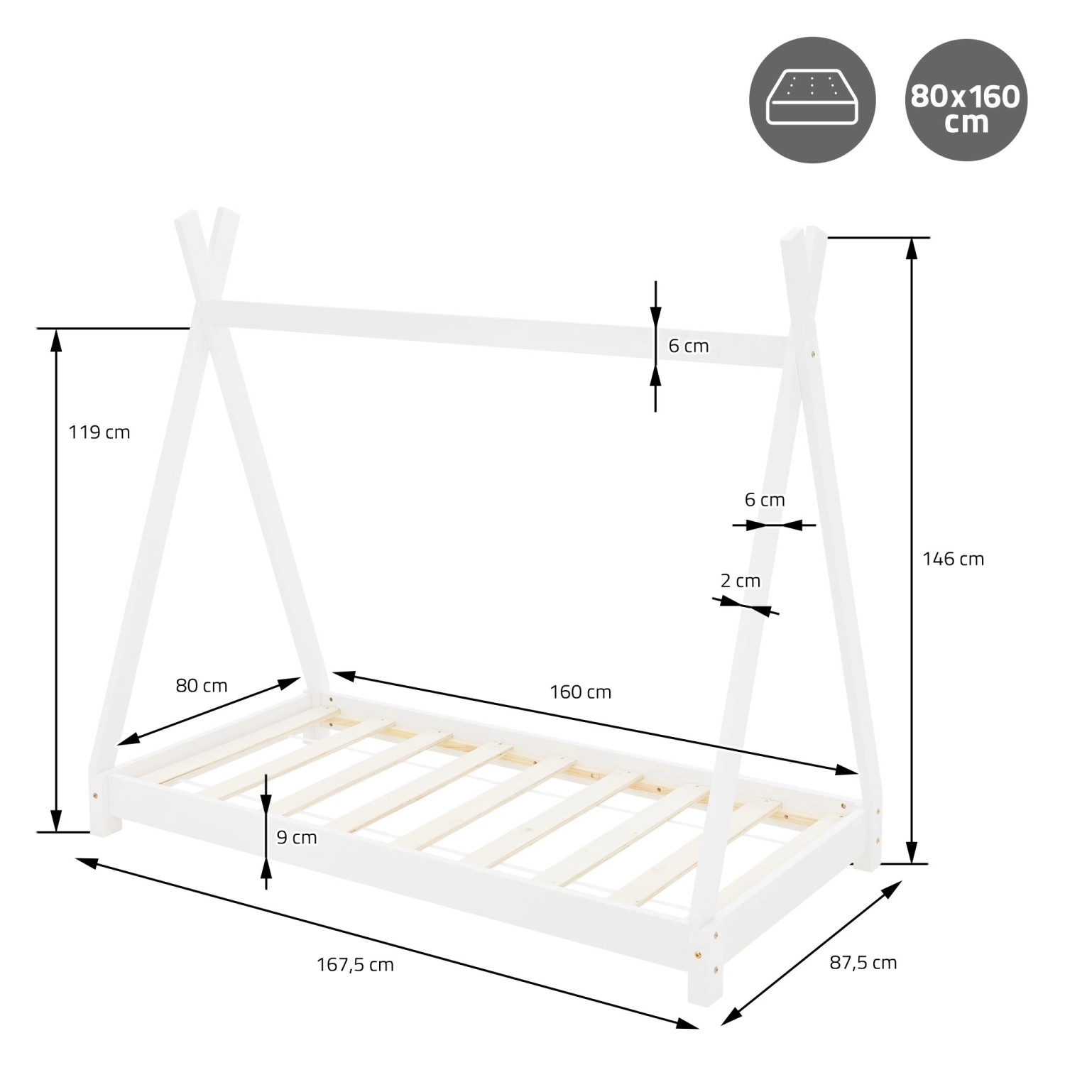 ML-Design Kinderbett Tipi, 80x160 cm, Kiefernholz weiß, mit Lattenrost. Detailansicht mit Maßen.