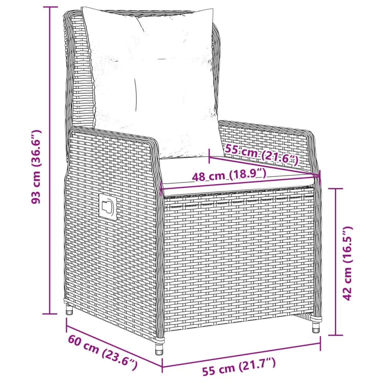 Skizze eines braunen Gartenstuhls aus Rattan mit Kissen und Maßangaben für Gartenmöbel.