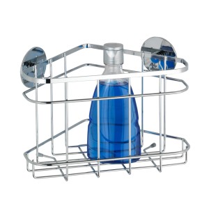 Wenko Eckregal Turbo-Loc aus Edelstahl, glänzend, zur Wandmontage ohne Bohren, mit Duschgelflasche.