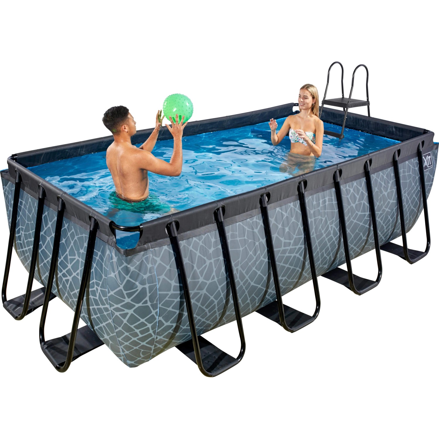 Grauer EXIT Stone Pool 400x200 mit Sandfilterpumpe und Poolleiter im Garten.