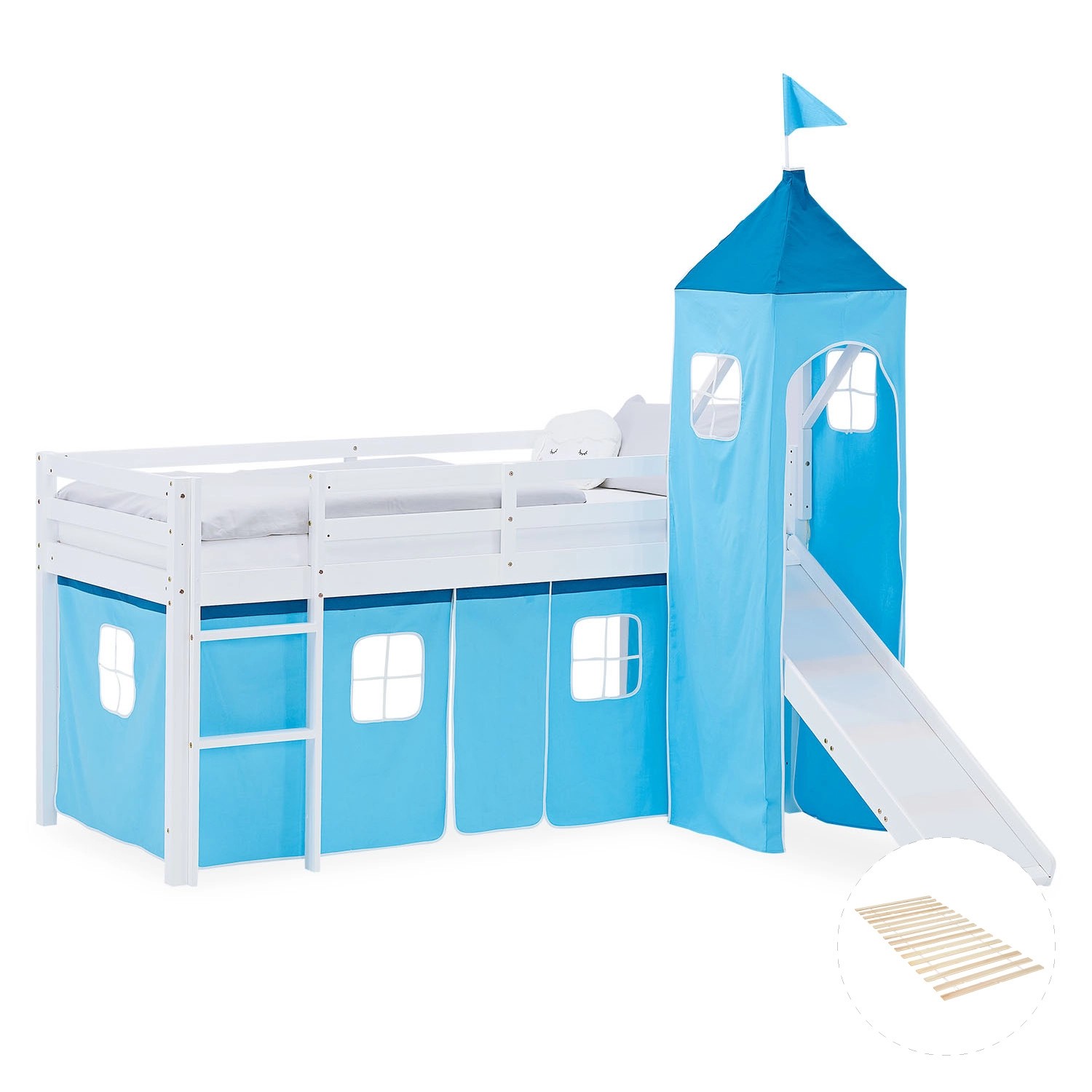 Homestyle4u Kinder Hochbett 90x200 Rutsche Lattenrost Vorhang Turm Blau 299 günstig online kaufen