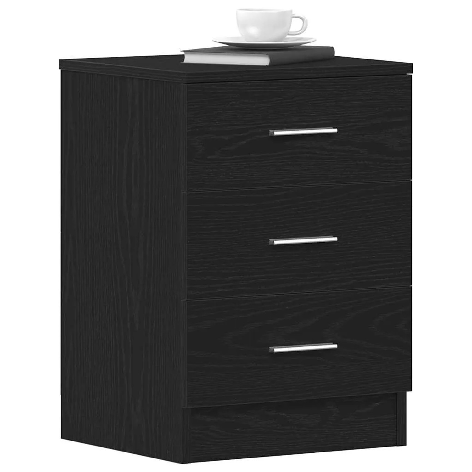 Schwarzer Nachttisch aus Holzwerkstoff mit drei Schubladen und silbernen Griffen. Modernes Design.