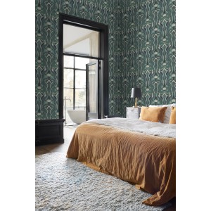 ESTAhome Vliestapete mit Blumenmuster im Jugendstil in Graugrün und Blau im Schlafzimmer.