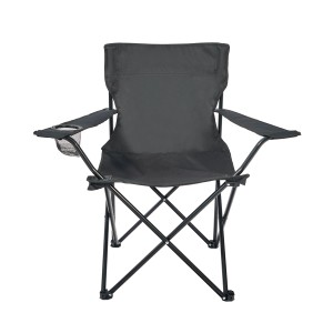 Schwarzer 24Move Campingstuhl mit Getränkehalter, faltbar und leicht zu transportieren.